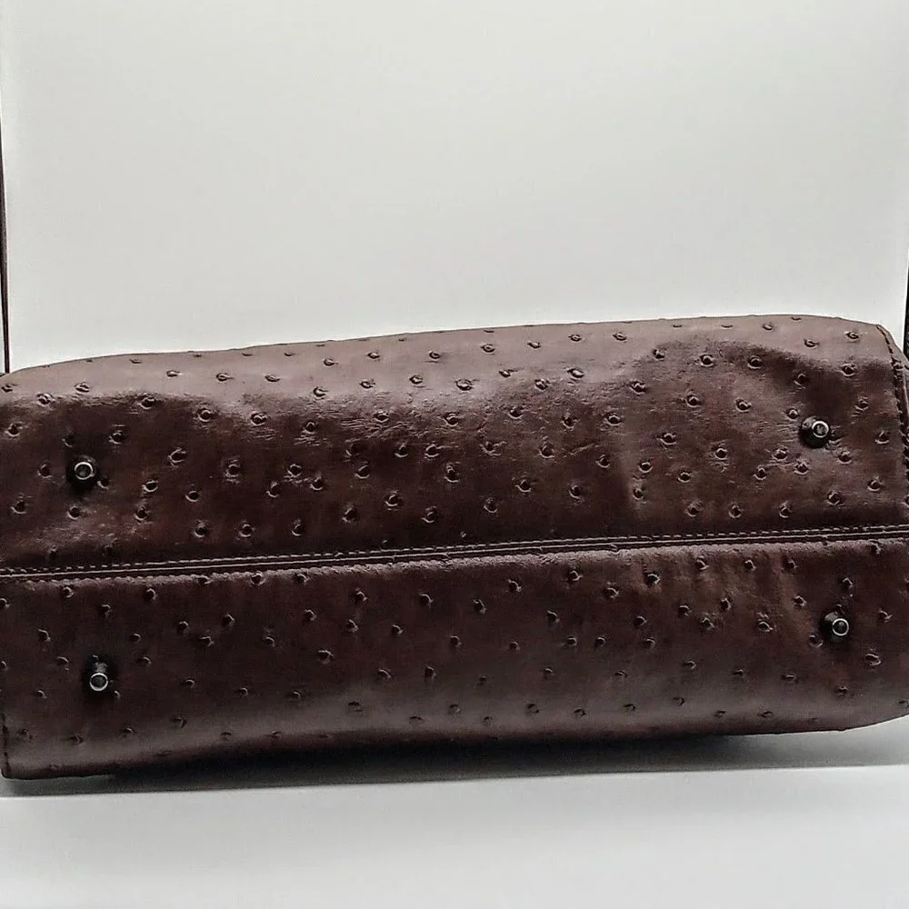 Coffee Brown Faux Ostrich Skin Gunmetal Satchel Bag